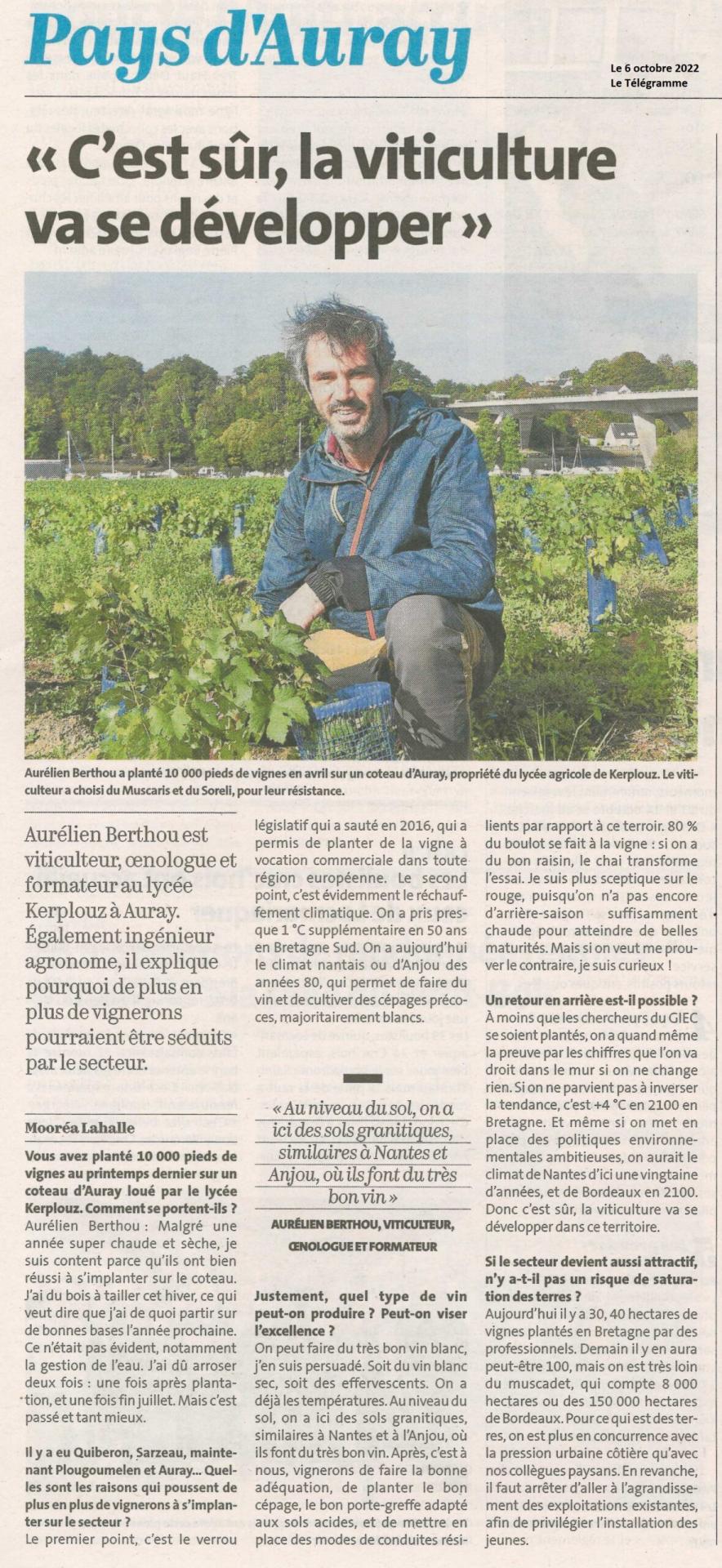 Le telegramme développement viticulture Bretagne